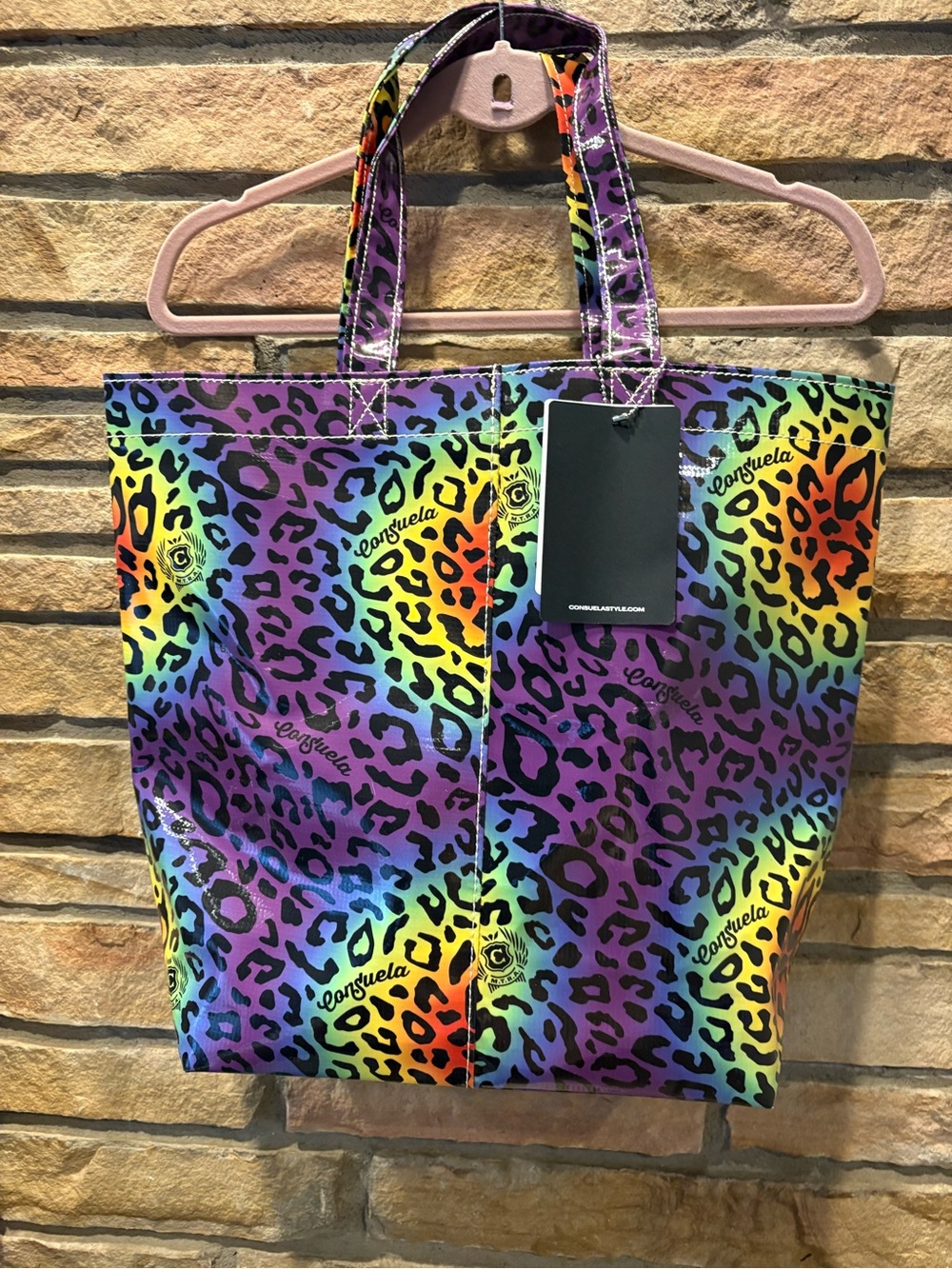 Consuela lRainbow Leopard Print Tote in Purple, Yellow, Green, Blue, Red